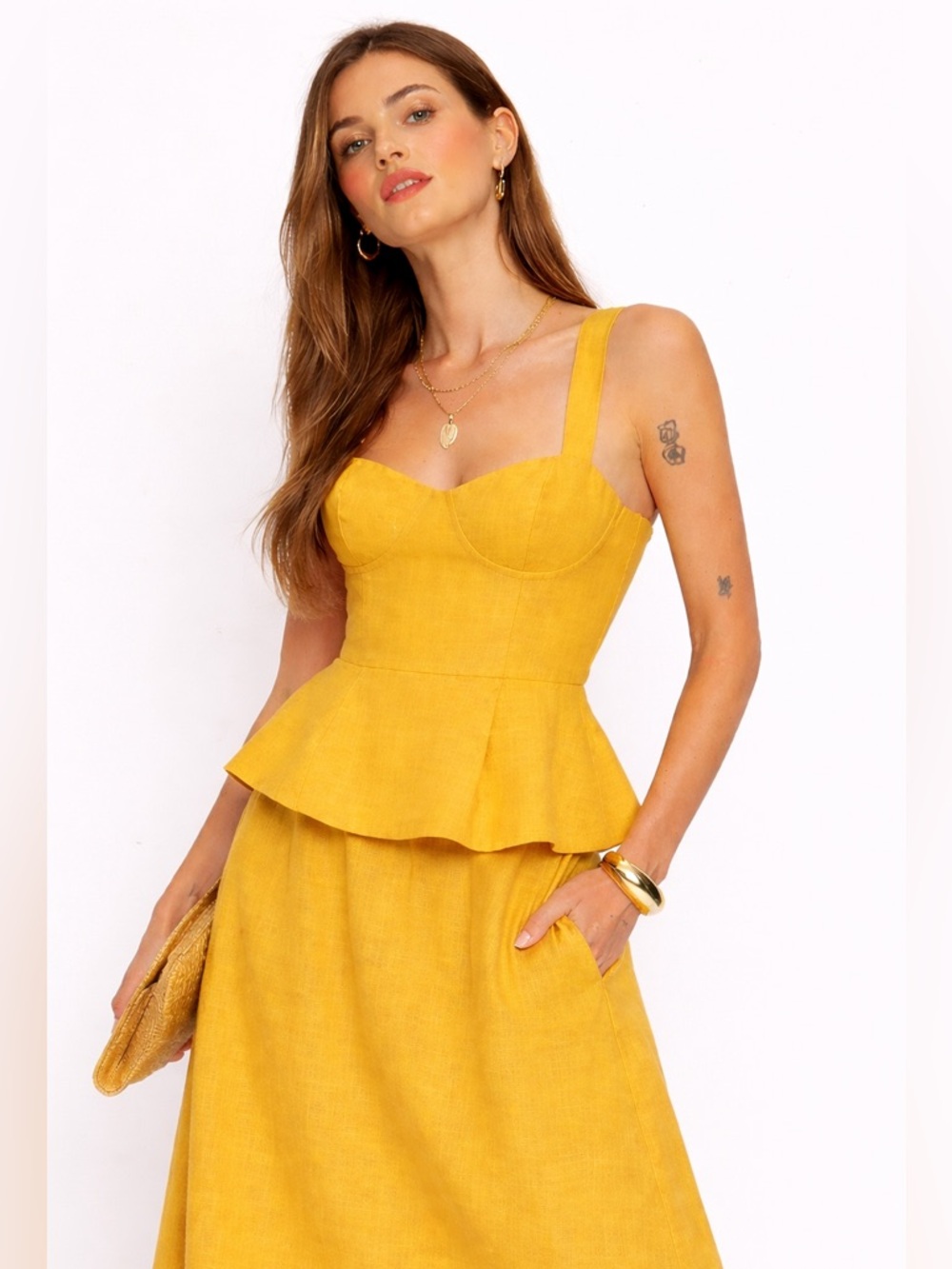 Reformation Structured Linen Peplum Bustier Cami in Yellow Size 10